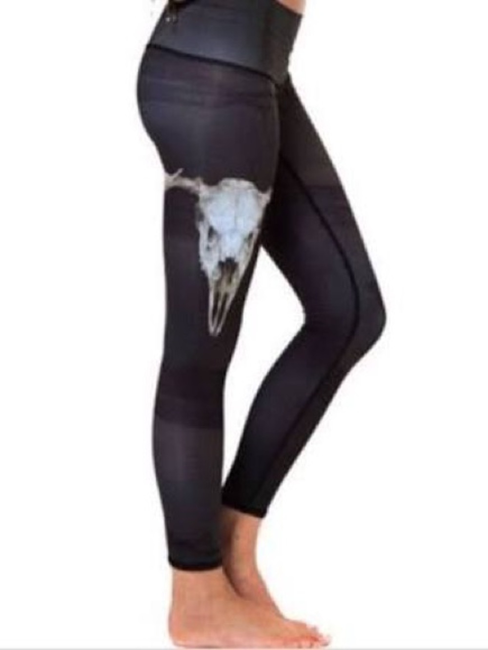 teeki Black Leggings with Beige Skull with Antler Detail